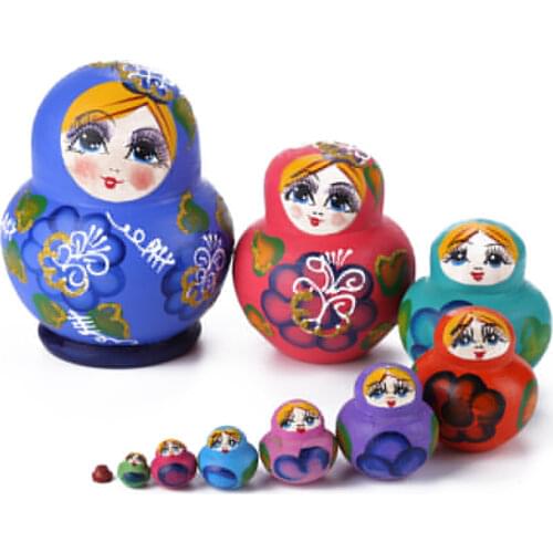 Russian Nesting Doll Wooden Russian classic 10-layer Doll Mini 10-Layer Blue Girl Doll Pure Handicrafts Home Decoration