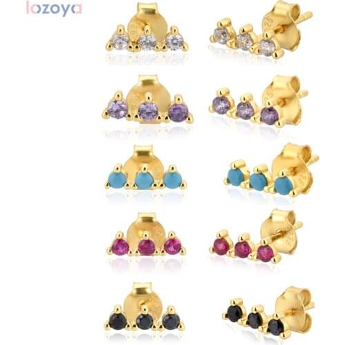 Lozoya 925 Sterling Silver Gold Three Piercing Ohrringe Zircon Line Stud Earring Pendientes 2020 European Fashion Jewels