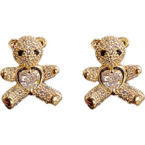 Bear Earrings Crystal Heart Stud Earrings Cute Korean Bear Statement Dainty Earring For Woman Fashion Jewelry Gifts Wholesale