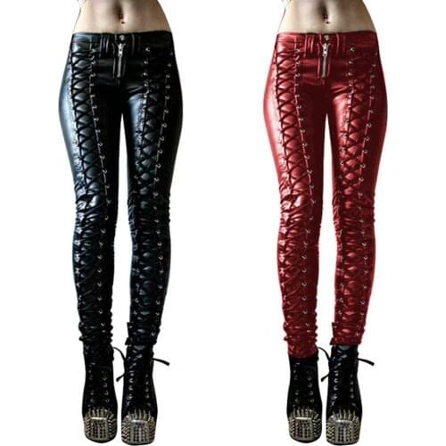 Steampunk Women Faux Leather Cosplay Pants Carnival Party Skinny Button Trousers Joggers For Ladies