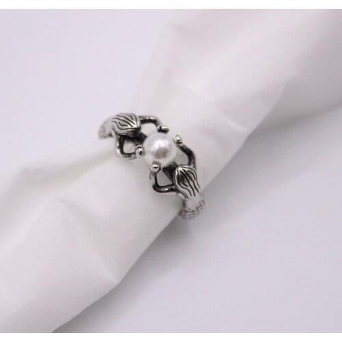 Magnificent Two Mermaids with Pearl Rings Bride Wedding Engagement Jewelry For Women Ladies Antique Silver Color Love Gifts