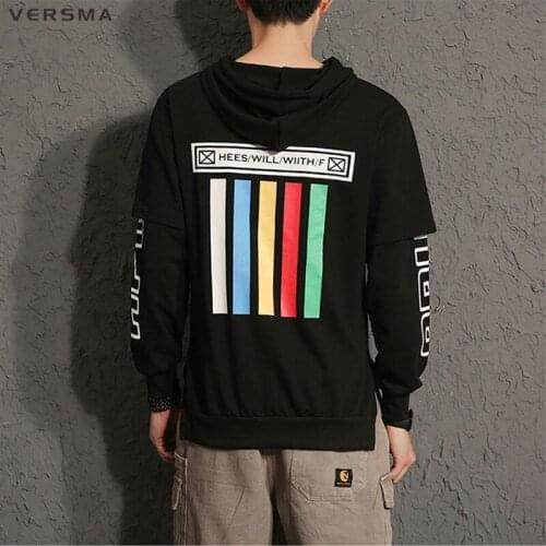 VERSMA 2017 Korean Harajuku Fake Two Piece Ribbon Hoodie Sweatshirt Male Hip Hop Print Oversize Sweatshirts Hoodies Men Pullover
