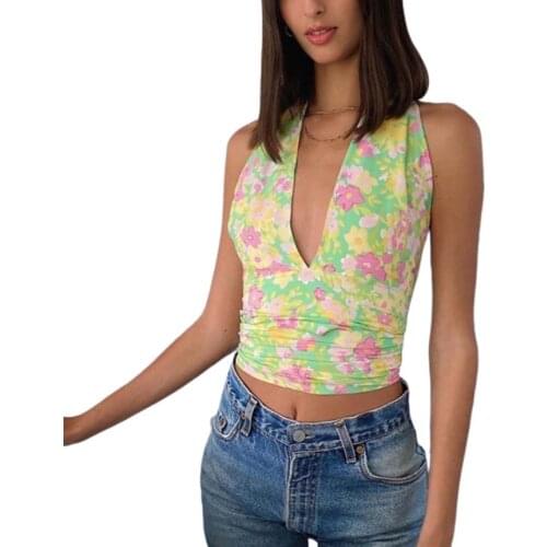 Women Casual Sexy Camisole Green Floral Printed Pattern Sleeveless Crop Tops S M L
