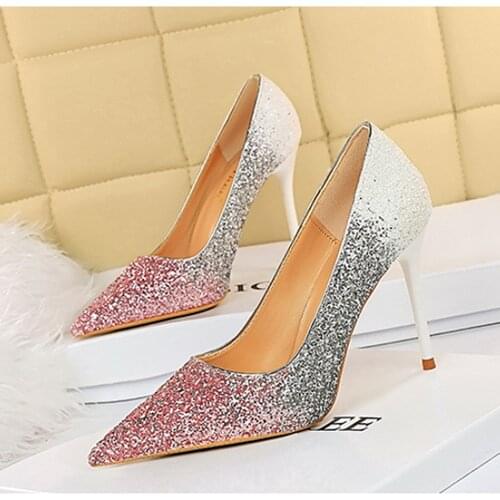 JINJOE Sexy stiletto heels Shallow pointed sandals Color block color gradient Sequin high heels Women shoes 10cm