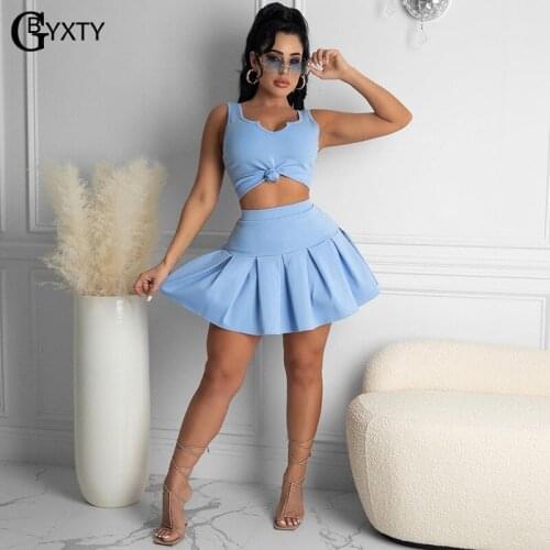 GBYXTY Casual 2 Piece Skirt Set Summer Sleeveless Crop Top and High Waist Mini Pleated Skirt Matching Set Women Outfits ZL1170