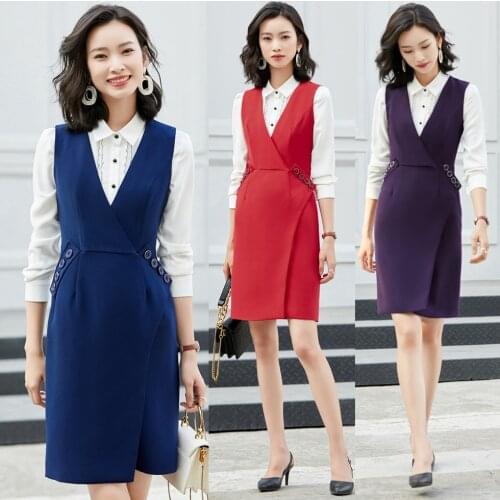 Summer Fashion Women Work Wear Dresses Sleeveless Navy Blue Office Ladies Party Dress Slim Female OL Style