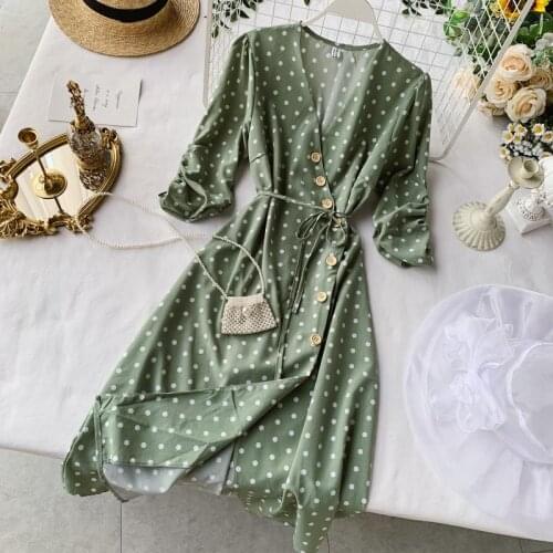 Trendy Dresses For Women Nice Elegant Vintage Polka Dot Dress V Neck Ruched Half Sleeve Button Summer Casual Midi Wrap Dress