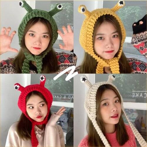 Winter Womens Frog Hat Boho Fur Pompom Satin Cap Kids Fluffy Blue Ski Mask Lazy Bunny Ear Houndstooth Extra Long Satin Beanie