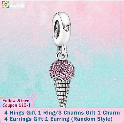Smuxin S925 Sterling Silver Beads Pave Ice Cream Cone Dangle Charms fit Original Pandora Bracelets Women DIY Jewelry Making
