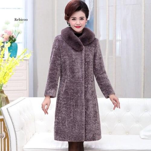 Women Stylish Thick Warm Faux Fur Coat Jacket Long Middle-aged Women Knitted Fake Mink Fur Slim Overcoat with Fur Trim