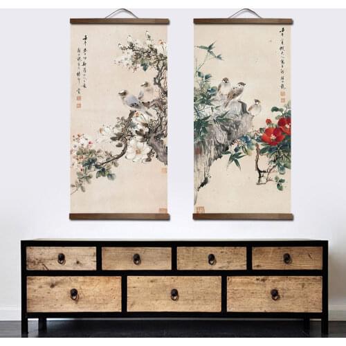 Chinese Traditional style flower animal canvas home decoration for living bedroom wall art picture poster wood scroll paintings