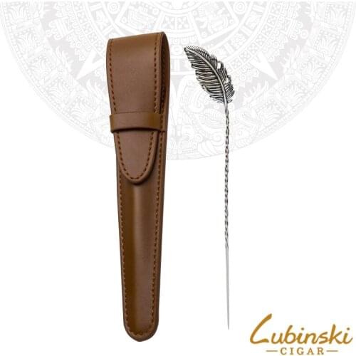 LUBINSKI Fine Silver Finish Feather Pattern Cigar Punch Cutter With Cigar Needle Cigars W/Gift Genuine Leather Case For COHIBA