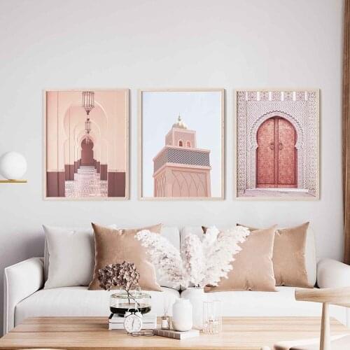 Moroccan Door Wall Art Gold Quran Arabic Calligraphy Canvas Panting Islamic Architecture Poster Print Wall Pictures Boho Decor