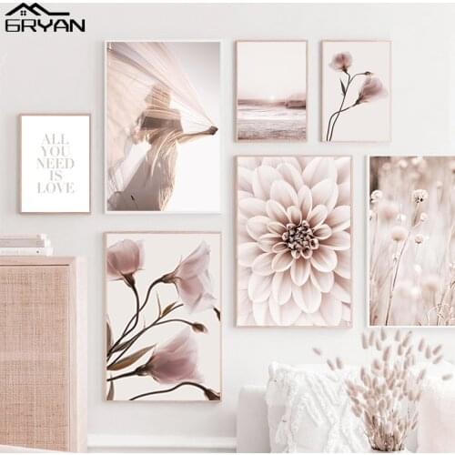 Cute Blooming Flowers Woman Lady Canvas Wall Art Prints Painting Fashion Blush Wild Botanical Posters Living Room Decor Picture