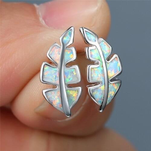 Minimalist Female Blue Opal Stone Earrings Trendy Silver Color Stud Earrings Dainty Leaf Small Wedding Earrings For Women