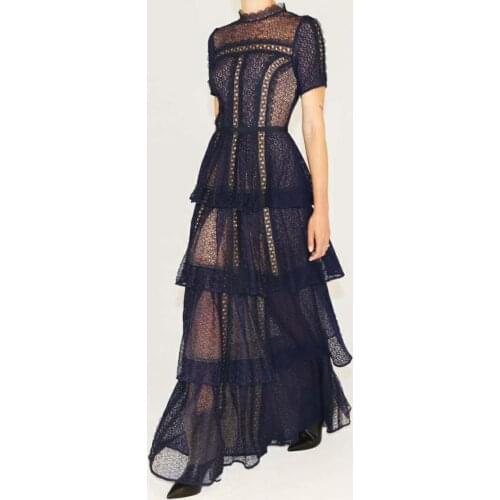 Fashion Blue Runway 2021 High Quality Summer Lace Hollow Out Party Elegant Cascading Ruffles Maxi Dress