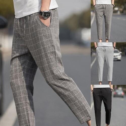 Men Plaid Drawstring Pockets Elastic Waist Pencil Trousers Ninth Pants Male Street Fashion Breathable All-match Trousers