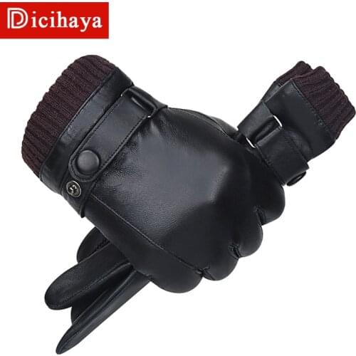 DICIHAYA Genuine Leather Gloves Autumn Winter Touch Screen Mens Gloves Windproof Thicken Plush Warm Winter Gloves Men Fashion