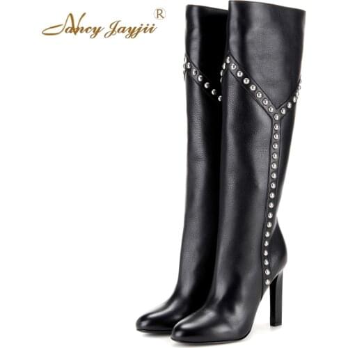 Nancyjayjii Women Fashion Black Knee-High Rainstone Boots Round Toe High Heels Dress&Office Bead Slip-on Shoes,Plus Size 4-16