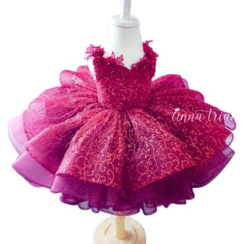 2021 New Red Little Flower Girl Dresses For Wedding Pearls Glitter Toddler Pageant Gowns Tulle First Communion Dress