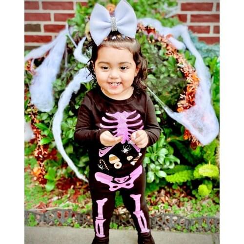 2021 New Halloween Clothing Wear For Kids Toddler Girl 2Pcs Costume Long Sleeve Skeleton Pullover Printed Tops and Pants Set