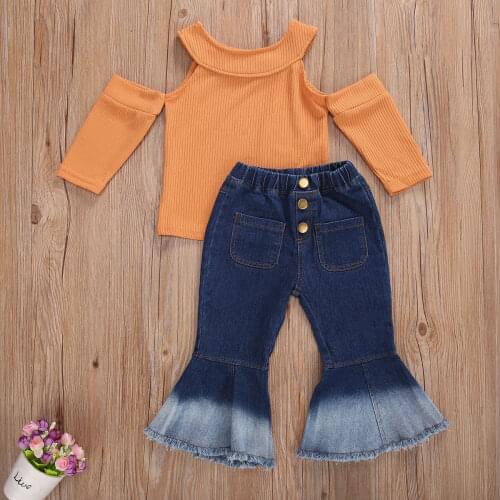 Autumn Fashion Baby Girls Clothes Sets 1-7Y Knit Long Sleeve Off Shoulder Sweater Tops Denim Flare Pants