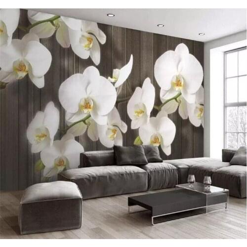 Custom 3d stereo butterfly orchid flower wood grain modern minimalist wall decoration painting living room wallpaper