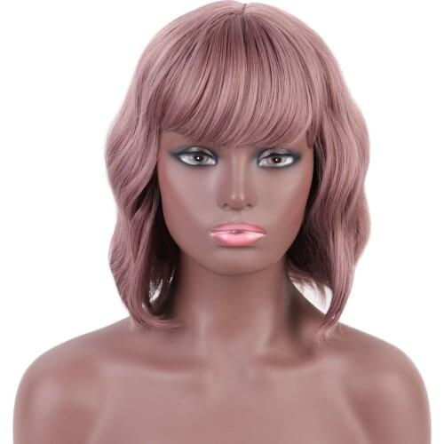 MODERN QUEEN 12"Water Wave Synthetic Wigs with Bangs Short Women Wigs Mix Purple Bob Wigs Heat Resistant False Hair for Women