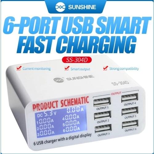 SUNSHINE mini 6 Port USB Smart Charge Support Wireless Charging with LCD Display for Mobile Phone Charging Repair Tools SS-304D