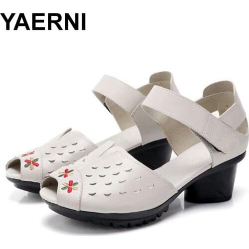 YAERNI 2020 new cool leather middle ages and middle ages old people mother sandals hole shoes fish mouth shoes for women