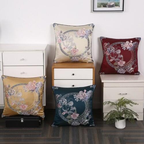 Jacquard Cushion Cover New Chinese Style Embroidery Peony Flower Plant Waist Pillowcase Decoration for Sofa Office Pillow Cover