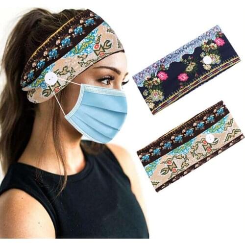 Bohemian Headband Women Printed Mask Buttons Hair Band Accessories Ladies Turban Elasticity Bandeau Mujer Scrunchie Headwear