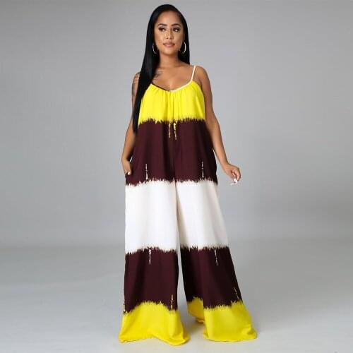 Contrast Color Spliced Wide Leg Jumpsuit for Women Spaghetti Strap Sleeveless Loose Romper Vintage Backless One Piece Overall