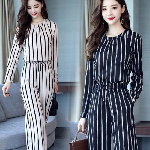 Fall Two Piece Women Outfits Striped Long Sleeve Tops And Harem Pants Sets Casual Office Korean Ladies Suits DD1988