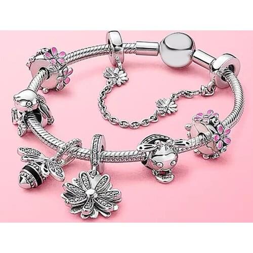 100%925 sterling silver Spring pink flower series sweet bee rabbit garden high quality fashion Pan bracelet jewelry