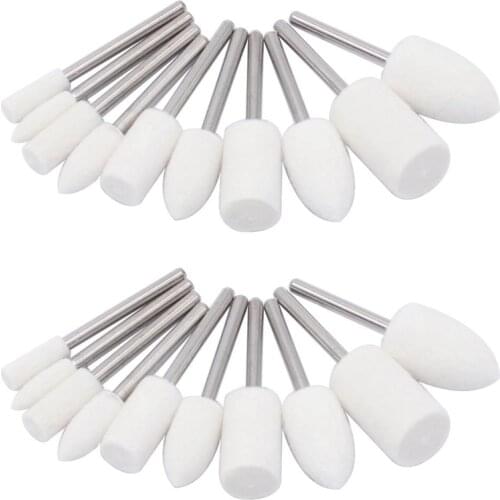 20Pcs Wool Felt Mounted Mandrel Polishing Buffing Wheels Grinding Bits Grinder Head Polish Watch Jewelry Rotary Tool Accessories