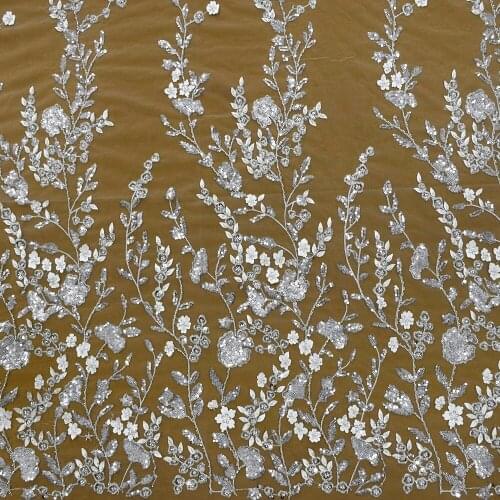 2021 White Bridal Lace With Beads And Sequins Embroidery Lace Dress Fabric For Collection HY1418