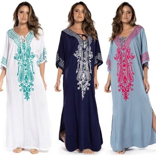 2021 Indie Folk Embroidered Short Sleeve Summer Dress Cotton Tunic Beach Kaftan Women Beachwear Swimsuit Cover Up Robe de plage