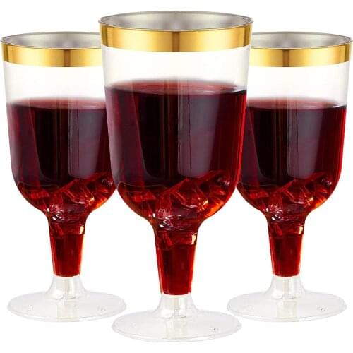 Rose Gold Rimmed Disposable Wine Glasses 7 oz. Premium Clear Hard Plastic Fancy Wine Cups-25Pack