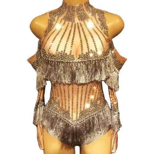 Shiny Rhinestone Women Backless Bodysuit Glitter Grey Fringe Pole Dance Birthday Celebrate Costumes Nightclub Singer Stage Wear