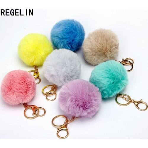 REGELIN Lovely Fluffy Pompom Keychains Artificial Rabbit Fur Ball KeyChain Women Bag Charms Jewelry Gift Pompom Keychain