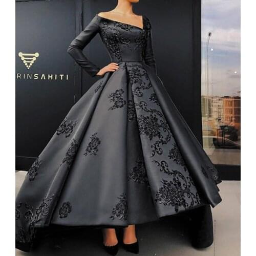 SuperKimJo Black Vintage Prom Dresses Long Sleeve Lace Applique Satin Modest Prom Gown Celebrity Dresses Robe De Soiree