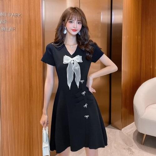 COIGARSAM Women one-piece dress korean Vintage Bow Dresses Black 3022