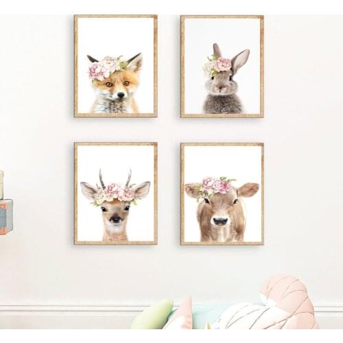 Girls Bedroom Decor Bunny Rabbit Fox Deer Cow Nursery Wall Art Canvas Poster and Print Flower Animal Painting Pink Roses Picture