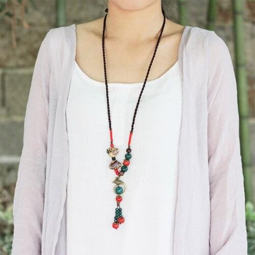 Long Tassel Necklaces Ceramic Round Charm Beads Dragon Butterfly Pendants Statement Choker Braided Rope Women Sweater Jewelry