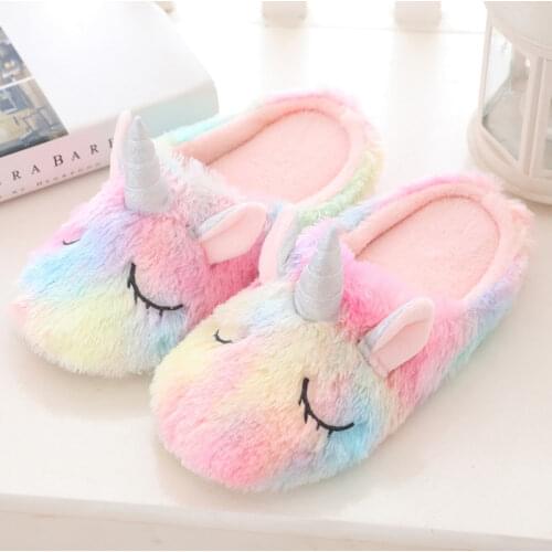House Women Fur Slippers Cute Colorful Unicorn Cartoon Cozy Home Grils Gifts Slippers Indoor Warm Plush Ladies Fluffy Shoes