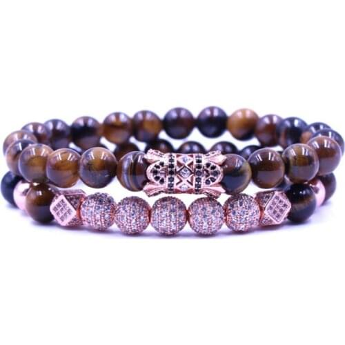 8mm 2PCS/Set rose gdr3 elastic adjusted nature yellow Tigereye bead micro pave cz zircon cubic zirconia tube Bracelet Jewelry