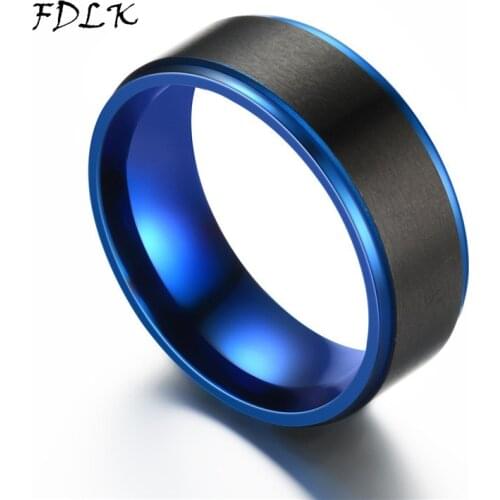 FDLK Exquisite Jewelry Accessories Mens 8MM Blue Ring Black Brushed Wedding Engagement Band Stainless Steel Rings for Men