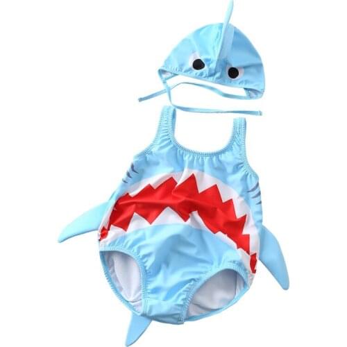 Ins Baby swimsuit one piece shark infant toddler swimwear boy girl baby cute bathing suit beach wear with hat YZ20038