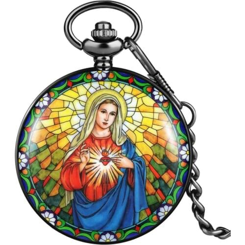 Exquisite Ladies Pocket Watch Virgin Mary Pattern Classic Black Case White Arabic Numeral Dial Thick Pendant Quartz Pocket Watch